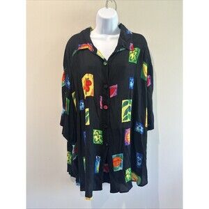 B.O.P. Vintage 90s 2X Black Abstract Art Print Rayon Oversized Button Up Shirt